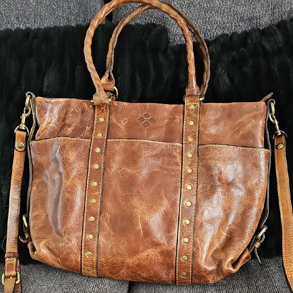 Patricia Nash Carducci Cognac Leather Tote with Brass Accents